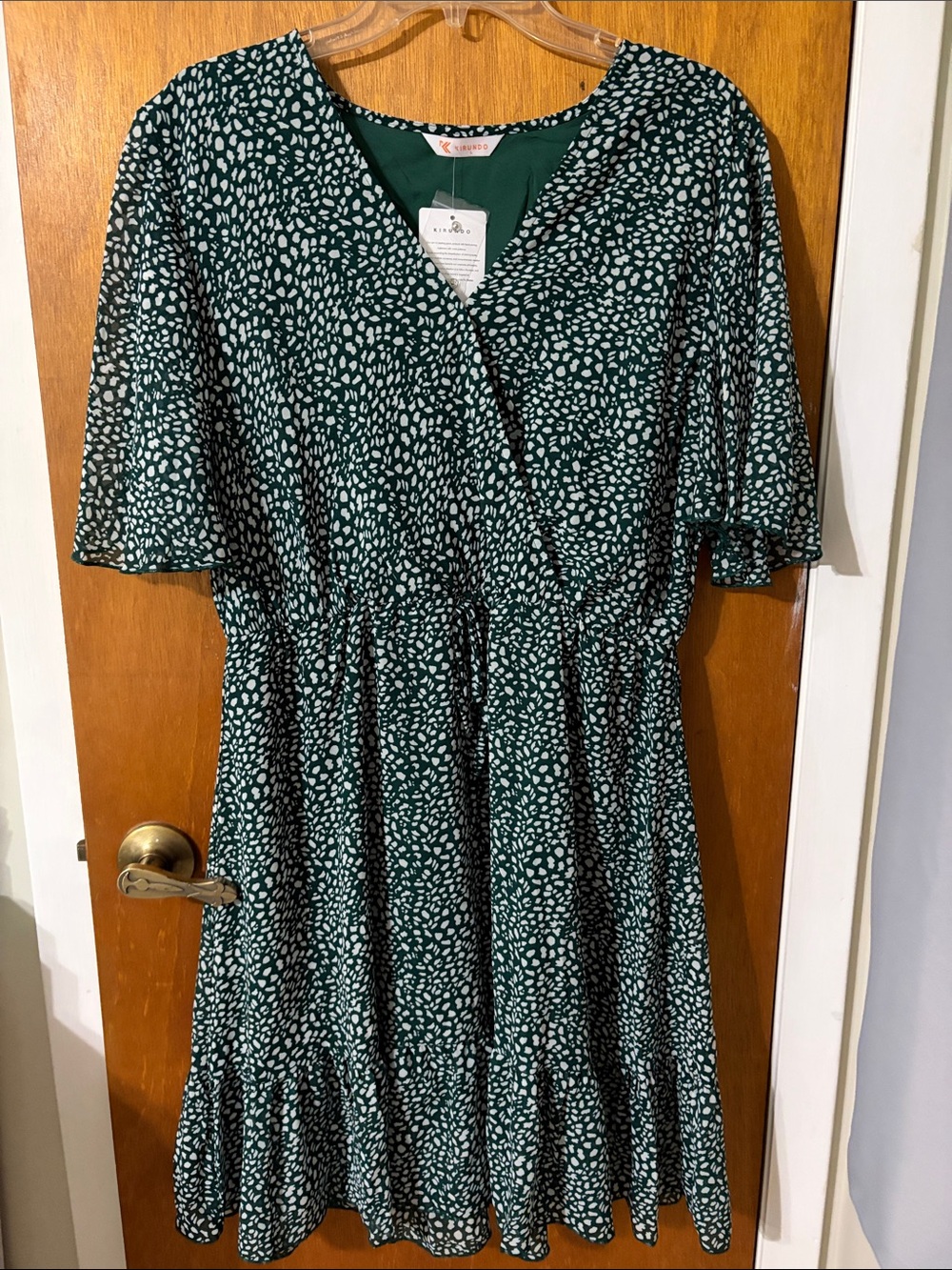 Green Printed Wrap-Style Dress with Ruffle Hem